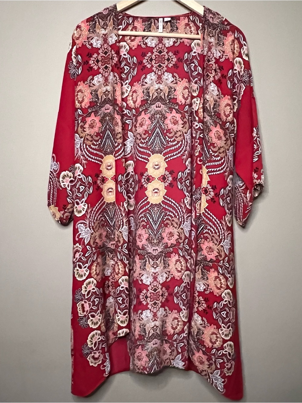 Cato Sheer Open Front Kimono Duster Women Large Red Floral 3/4 Bell Sleeves